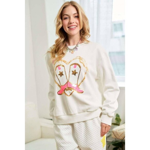 Cowgirl Rope Print With Sequin Boots Sweater - Picture 8 of 15